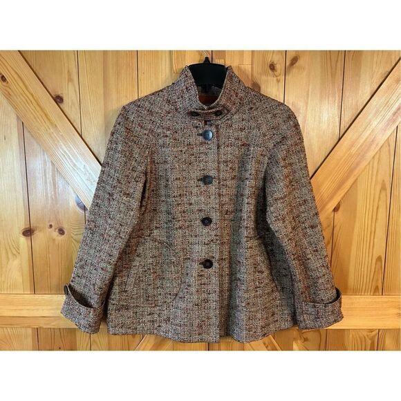J. Jill Brown Orange Size Small Boucle Asian Collar Mid Length Swing Jacket Twee - Picture 1 of 8